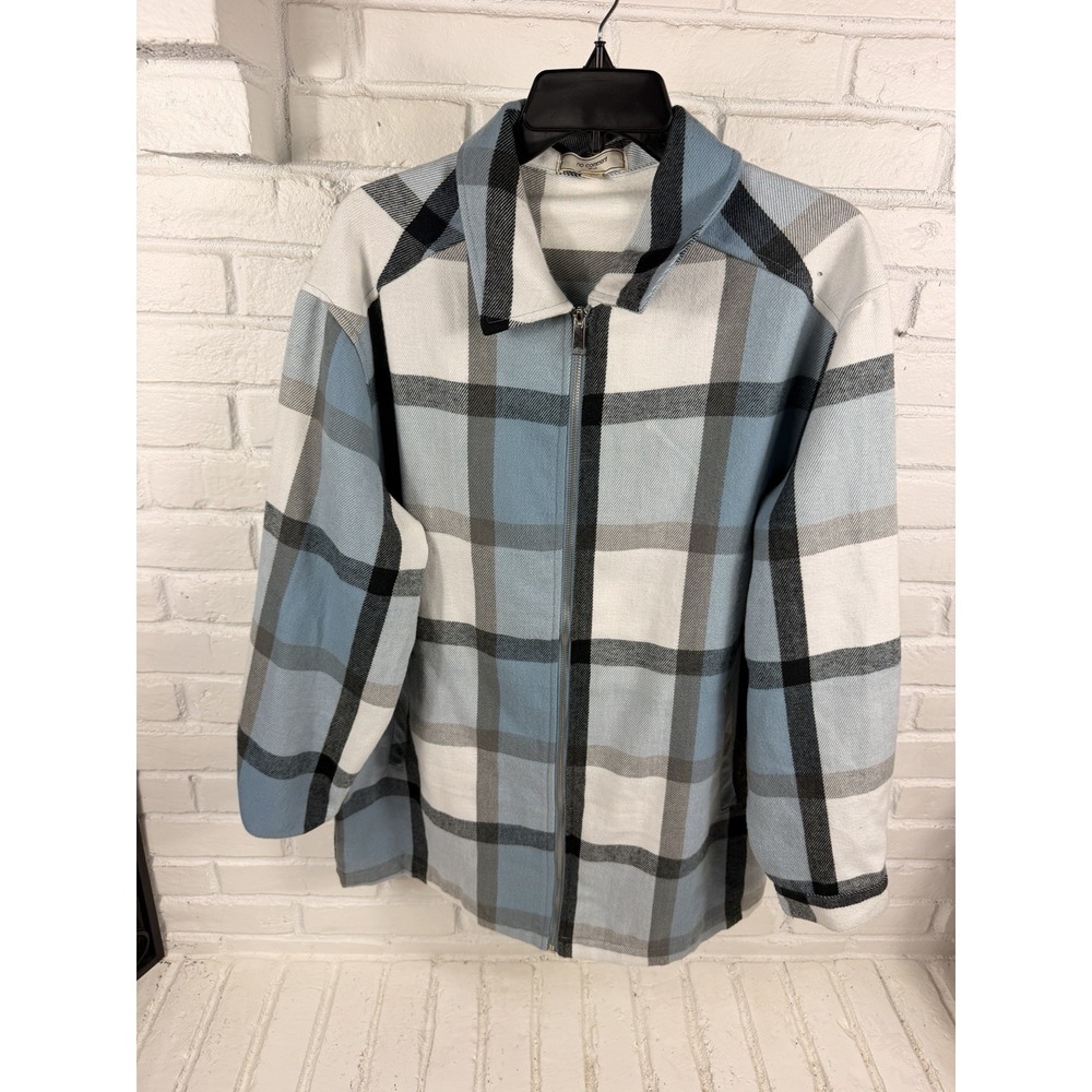 No Comment NY LA Womens L Blue White Plaid Zip Front Shacket Jacket Pockets